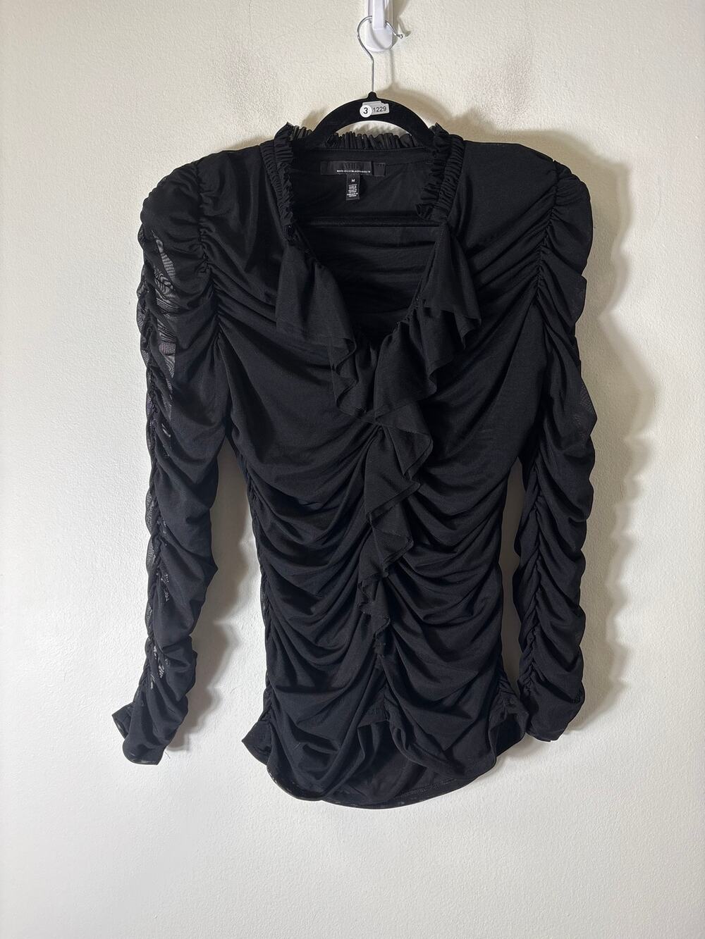 WHBM Black Long Sleeve Ruffled Ruched Shirt Sz M